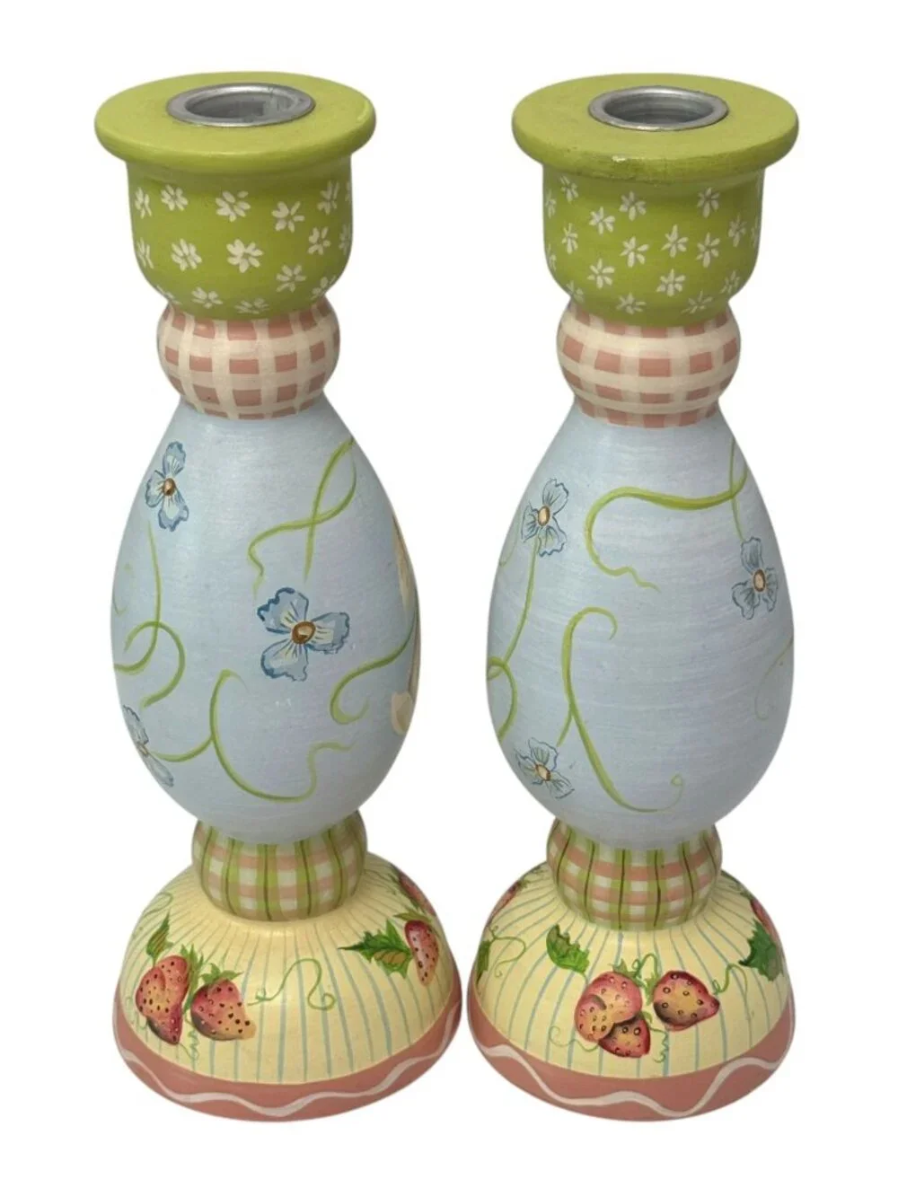 Tracy Porter Bunny Candlesticks Pair Hand Painted Wood Easter Cottage Decor 9.75